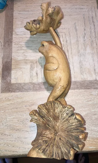 Vintage Hand Carved Wooden Frog Statue
