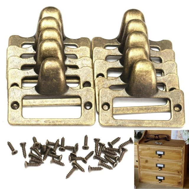 Retro and Fine Antique Brass Drawer Label Pulls for Cabinets Set of 10