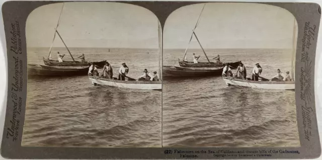 Palestine, Pêcheurs sur la Mer de Galilée, Vintage print, ca.1870, Stéréo Tirage