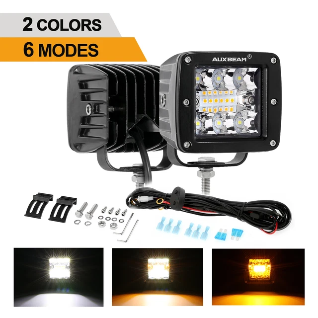 AUXBEAM 3" Inch LED Work Light Bar Amber&White Cube Strobe Flash Driving Lamps