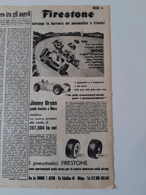 Vintage PUBBLICITÀ PNEUMATICI FIRESTONE ritaglio da giornale  IL TEMPO 1957