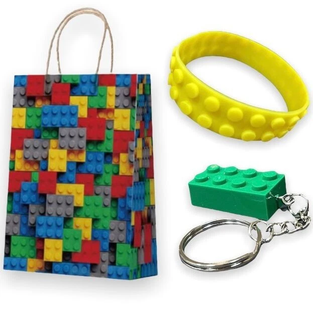 Building Brick, blocks Birthday Gift Bag with 2 favours - Wristband, Keyring