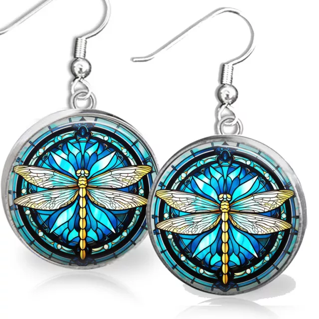 Dragonfly Earrings Gold Teal Blue Boho Faux Stained Glass Art Print Sterling