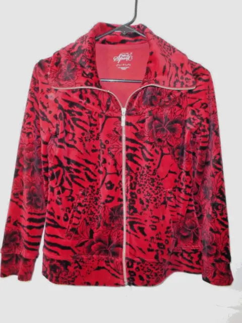 STYLE & CO. PETITE SPORT women's red floral print velour zip front jacket size P