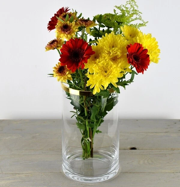 HANDGEFERTIGT ZYLINDER GLAS Vase mit Gold Rand 25 CM X 15 CM EUR 28,77