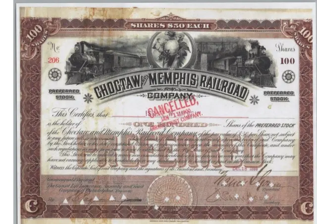 Choctaw And Memphis Railroad Company....1898 Preferred Stock Certificate