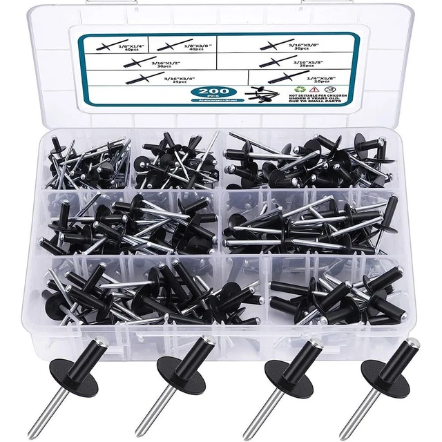 200PCS Black Blind Rivets Assortment Kit Pop Rivets  Joining Metal Plates