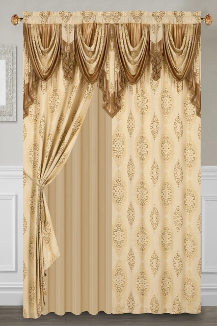 Curtain Drape Set 2 Panels 55” width Each with attached Valance and 2 Tassels