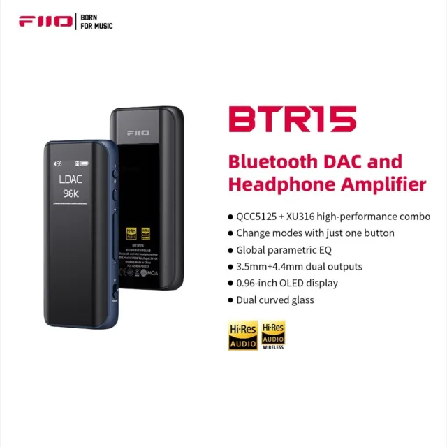 FiiO BTR15 Bluetooth DAC and Headphone Amplifier (Black) 3.5mm+4.4mm Dual Output