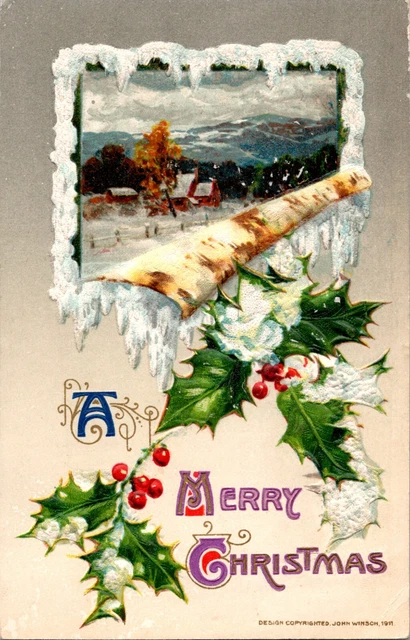 Winsch Christmas Postcard Antique English Farm Snowy Holly Berry Spray