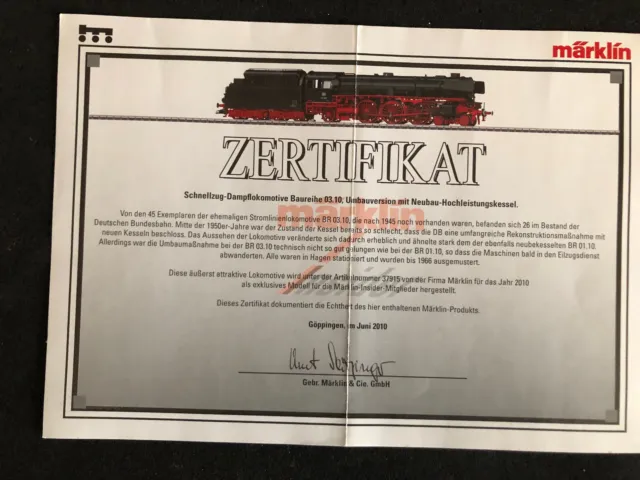 Märklin Insider Zertifikat für Märklin 37915 BR 03.10