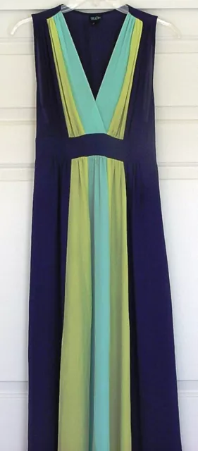 Blue & Lime OLIAN Maxi Maternity Dress Deep V Neckline Lined Pockets M-Tall 2