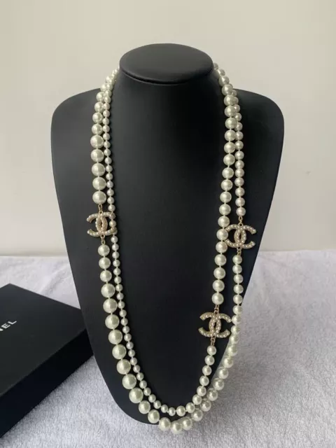 AUTH CHANEL 100th Anniversary Pearl Necklace 3 CC Logo Chain Classic Necklace