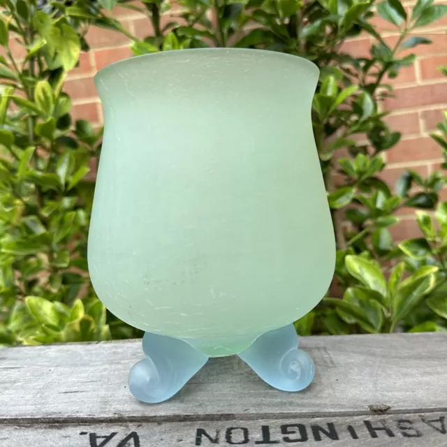 Frosted Satin Crackled Art Glass Vase Candle Holder Seafoam Beach Glass 6.5”
