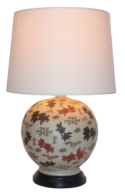 Rote Keramik Lampe Orientalisch Chinesisch Blau Fisch Porzellan Tischlampe M9956