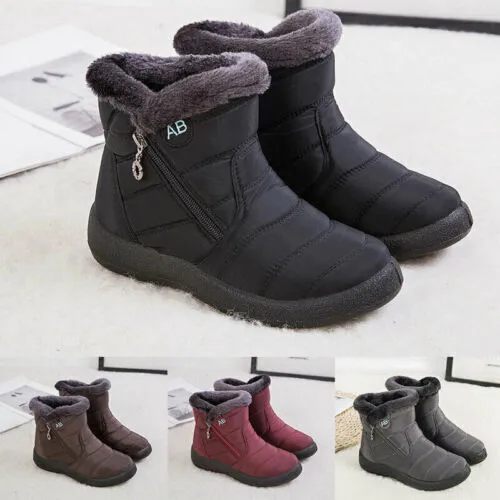 Womens Ladies Fur Lined Snow Ankle Boots Winter Warm Waterproof Flat Shoes Size