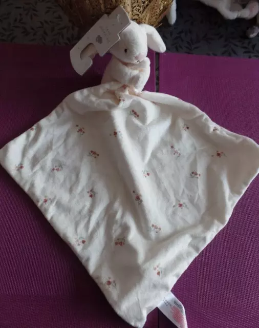 S5N / doudou lapin blanc cassé nez rose fleurs couverture PRIMARK neuf