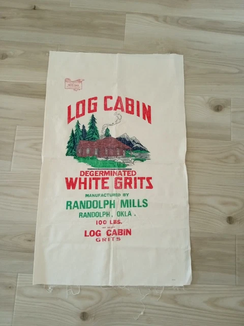 VINTAGE FABRIC SEED FEED SACK BAG Panel Log Cabin White Grits Randolph Oklahoma
