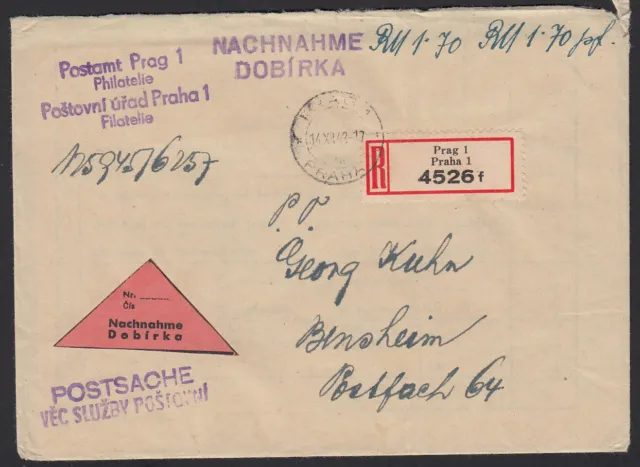 Böhmen und Mähren Postsache Nachnahme-R-Brief Prag nach Bensheim, 1942