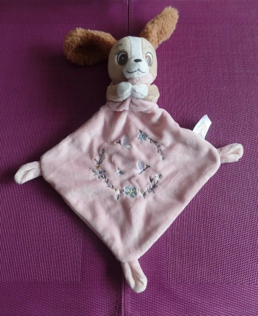 S1 / doudou plat chien marron mouchoir rose BELLE CLOCHARD DISNEY BABY