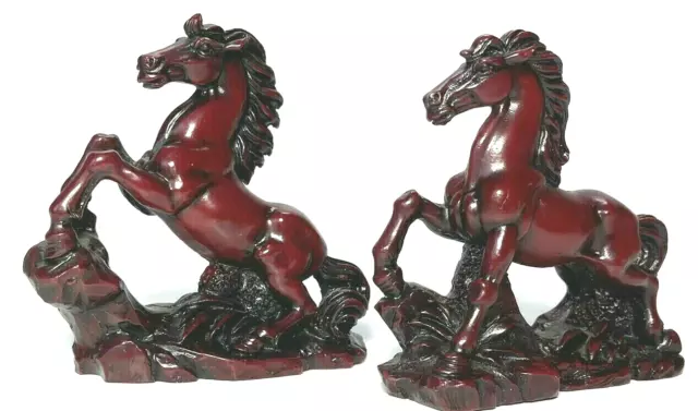 Vintage Yung Kee Red Resin Stallion Horse Figurines Asian Equestrians 3x3" Set 2