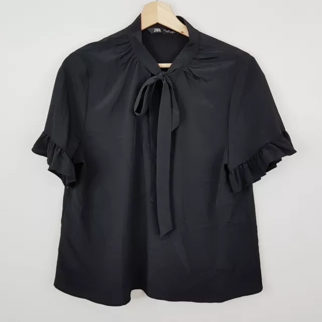 [ ZARA ] Womens Black Short Sleeve Ruffle Detail Blouse Top | Size L or AU 14