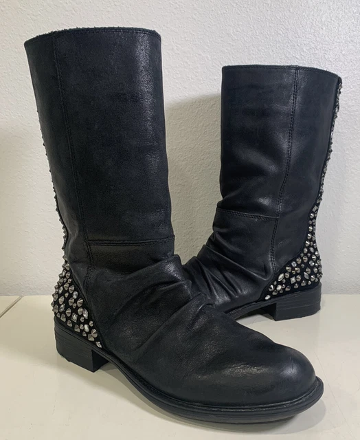 Reba Black Leather Mid Calf Studded Rhinestone Back Zip Women’s Boots Size 9M Reba Black Leather Mid Calf Studded Rhinestone Back Zip Women’s Boots Size 9M