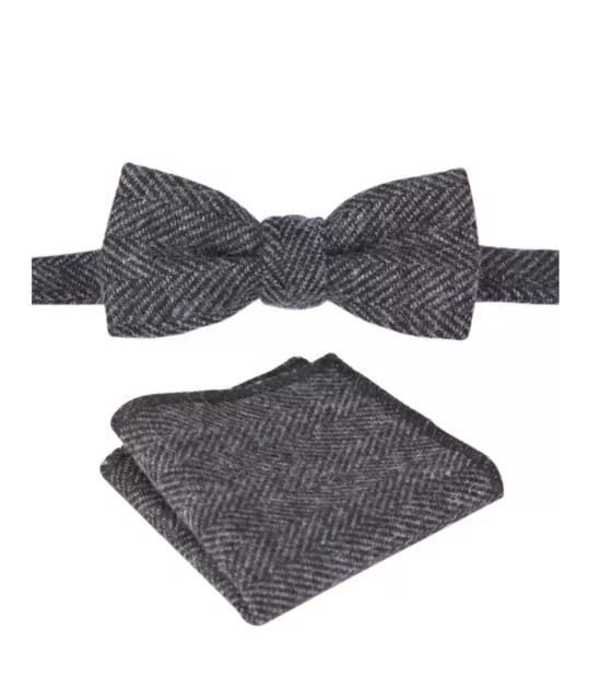 Boys Charcoal Grey Herringbone Tweed Retro Dickie Bow Tie and Hanky Set