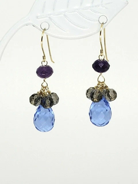 14k Yellow Gold Topaz Amethyst Smoky Quartz Cluster Briolette Dangle Earrings