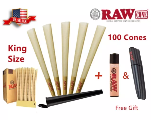 RAW Classic King Size Pre-Rolled Cones 100 Pack & Lighter, Tube, Three Tree Case