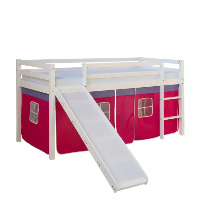 Lit Enfants Superposés Mezzanine Massif Rideau Toboggan Blanc 90x200 Homestyle4u