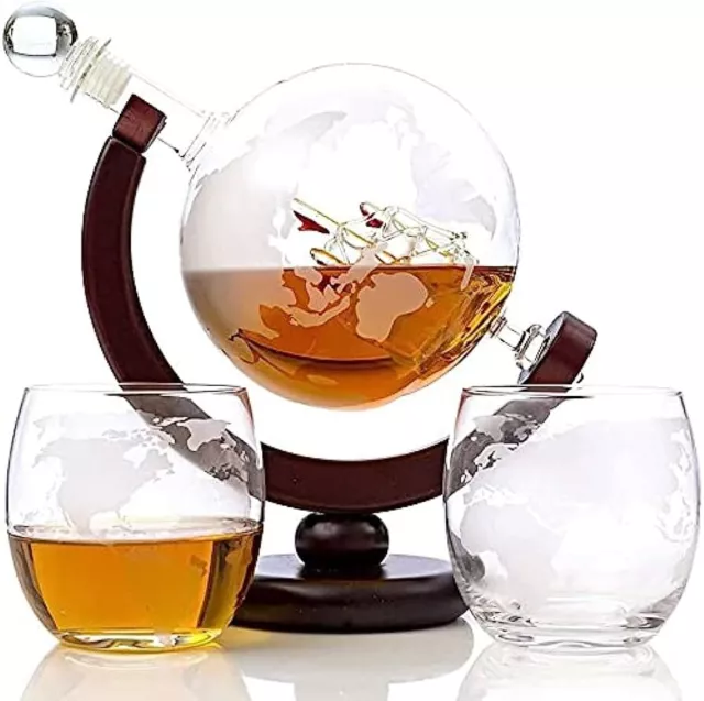 Whiskey Wine Decanter Globe World Set with 2 Etched Glasses for Liquor Scotch