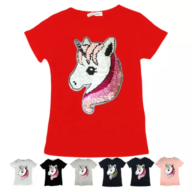 Girls Unicorn T-Shirt Brush Changing Sequin Summer Top Fancy Tee Red 3-14 Years