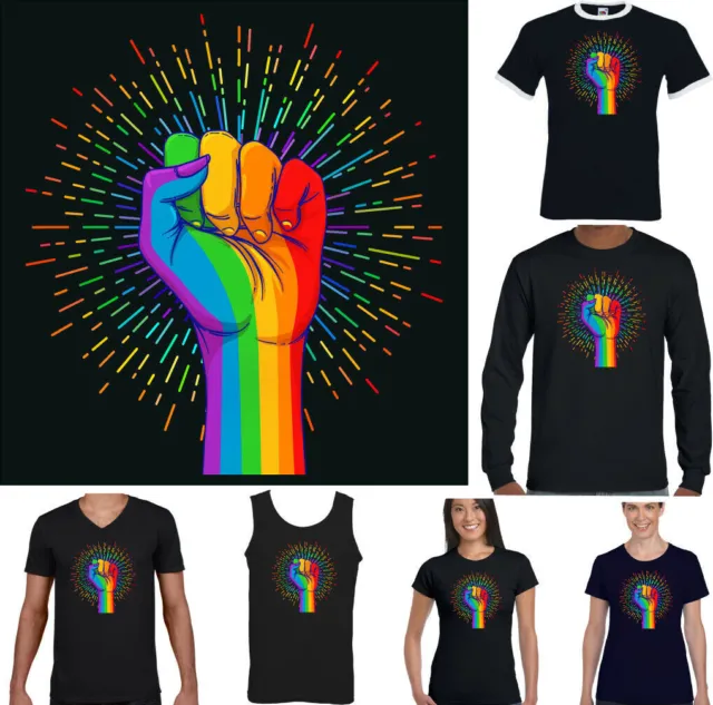 LGBT T-SHIRT Mens Freedom Fist Gay Pride Lesbian Rainbow Colours Clothing Top