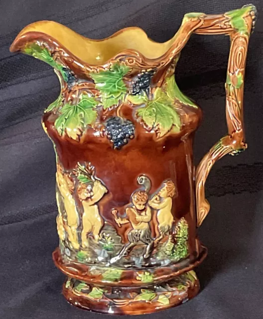Antique Majolica Pitcher w/Fauns Play Date by Wilhelm Schiller and Sohn Austria