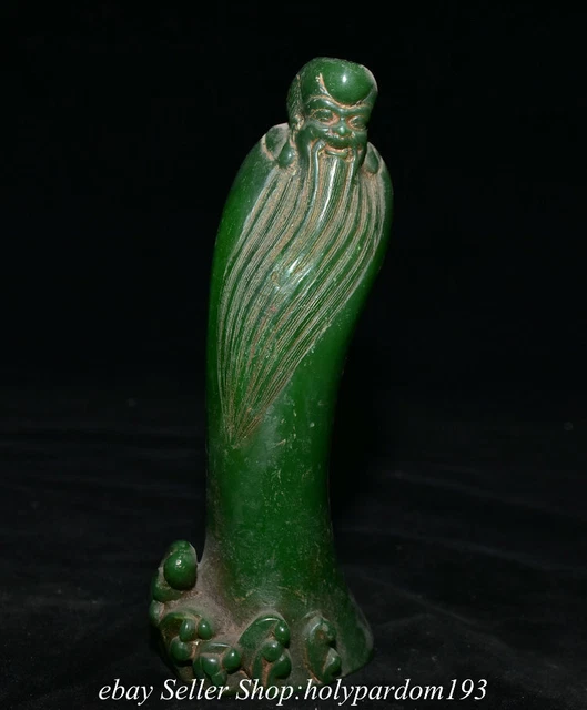 7.2" Chinese Green Jade Carved Fengshui God of longevity Long Mustache Statue