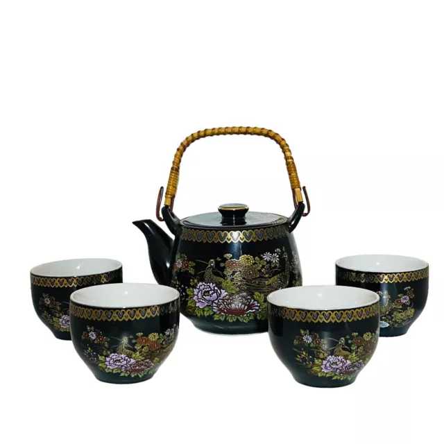 Vintage MCI Japan Tea Set 4 Cups 1 Teapot Black Gold Peacocks Bamboo Handle