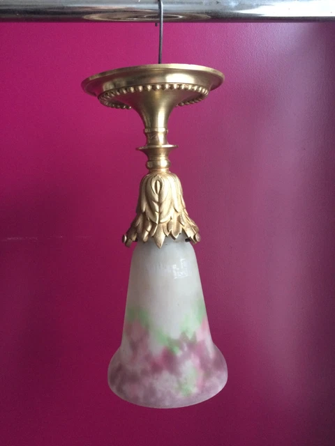 ancien plafonnier bronze et tulipe en pâte de verre Müller Frères Lunéville
