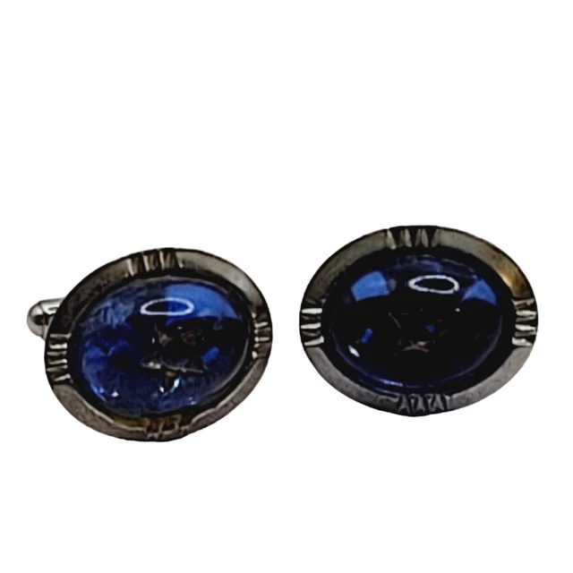 Whiting Art Deco Cuff Link Set Silvertone Blue Cabochons Engraved Star Center
