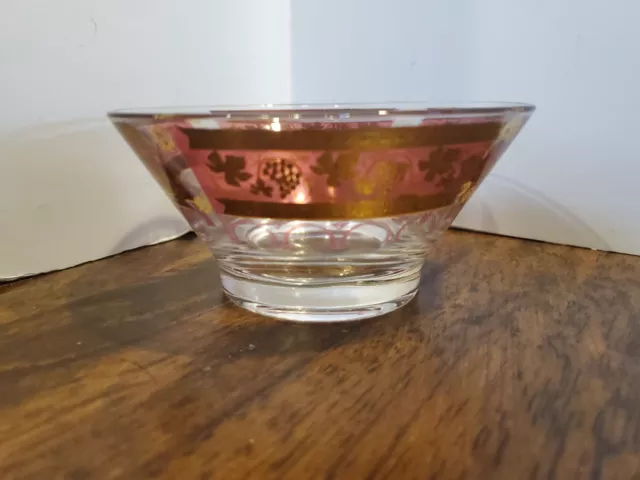 Vintage Mid-Century Cera Glass Dip Bowl Gold Burgundy Leaves Pattern  Lovely