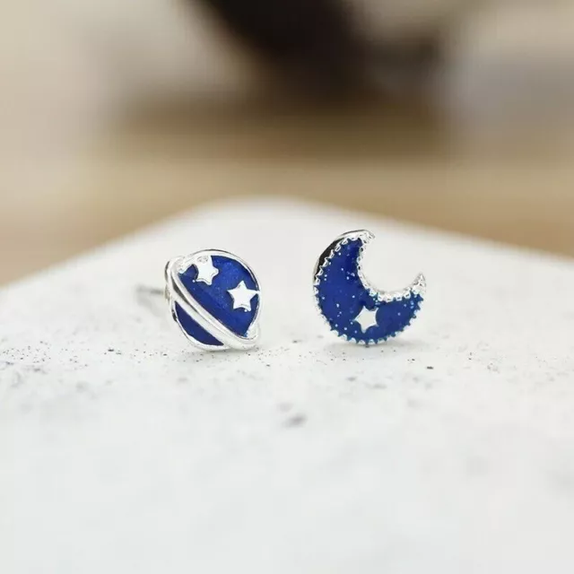 Blue Stud Earrings Silver Star Moon Enamel Girls Fashion Jewelry Gift