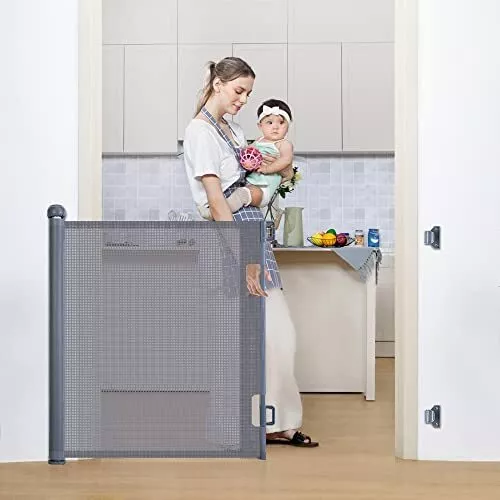 Retractable Baby Gate for Stairs 0-140cm Mesh Dog Gate for House Doorways(Grey)