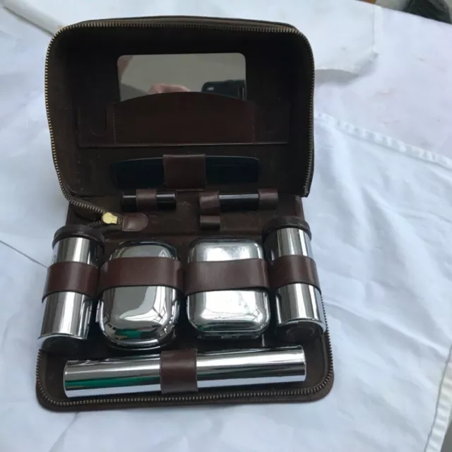 Vintage Mens Travel Shaving Grooming Kit in Brown Leather Case 1950s