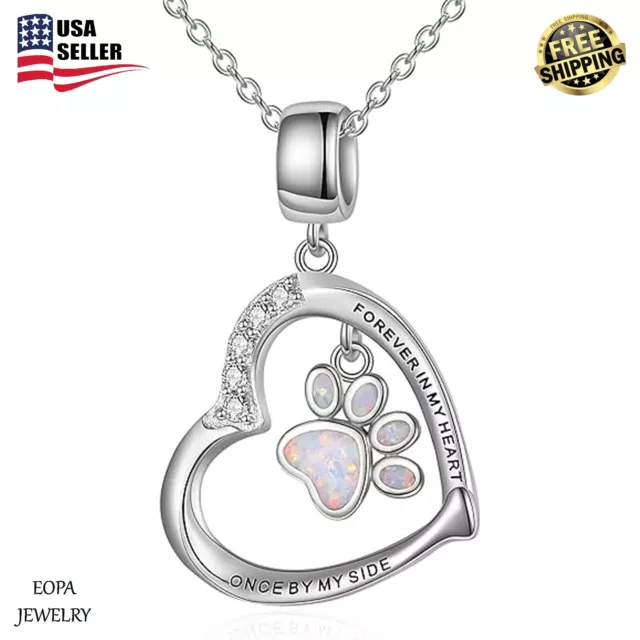 925 Sterling Silver Puppy Dog Cat Pet Paw Print Love Heart Pendant Necklace