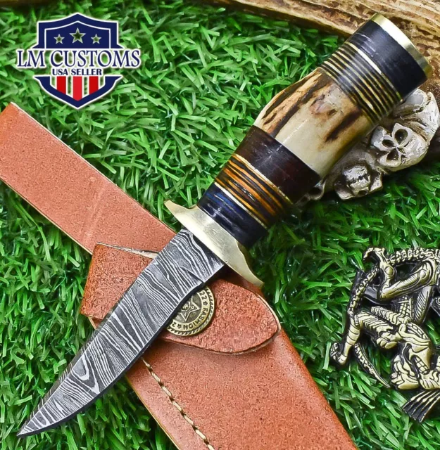 Hand Crafted Hunting Skinner Knife Damascus Stag Antler Brass Guard Gift Rare