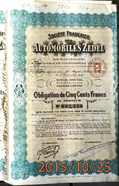 Automobiles  Zedel  - Obligation  De Cinq Cent Francs Au Porteur