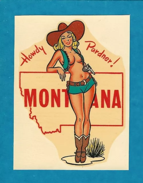 Vintage Original 1948 "Miss Montana" State Sexy Cowgirl Pinup Water Decal Art