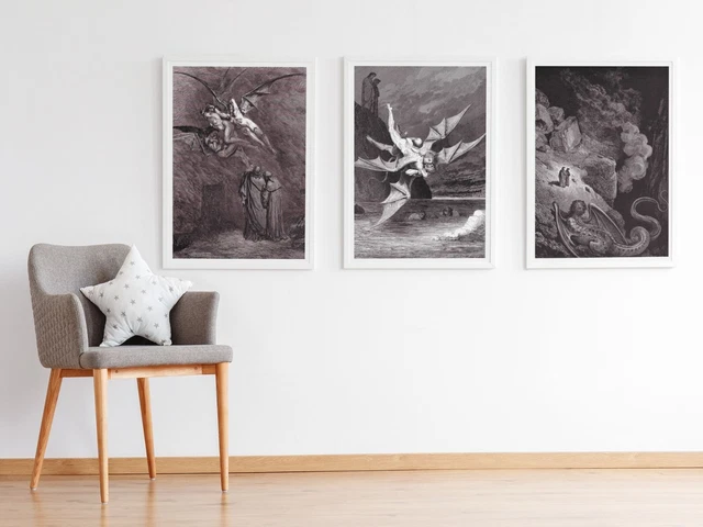 Set of 3 Vintage Retro Gustave Dore Dante Prints Poster Wall Art Pictures
