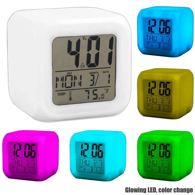 Reloj Despertador en Forma de Cubo con Luz de Varios Colores y Termometro Blanco