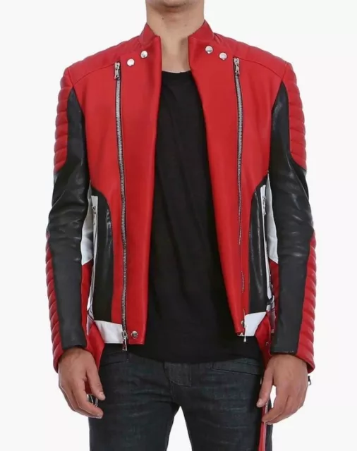 Designer Leather Jacket Men Red Pure Lambskin Biker Size S M L XL XXL Custom Fit
